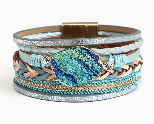Braided Wrap Bracelets, blue, Multi Layer Stackable Leather Bracelet with druzy stone, 51 Percent of Profits goes to www.savethechildren.org and 8 trees planted for every order