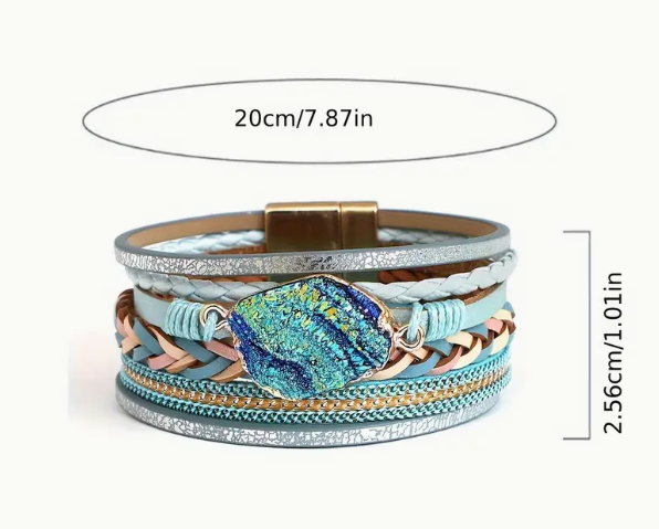 Braided Wrap Bracelets, blue, Multi Layer Stackable Leather Bracelet with druzy stone, 51 Percent of Profits goes to www.savethechildren.org and 8 trees planted for every order