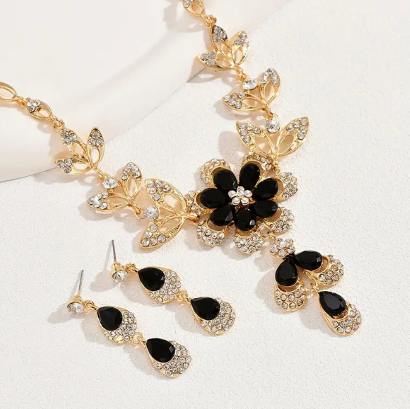 Black and Zirconia Floral Choker Necklace and Earrings set-51 Percent of Profits goes to www.savethechildren.org and 8 trees planted for every order