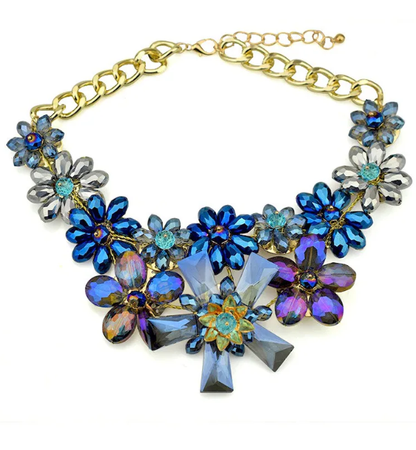 Blue Crystal Flower Beaded Handmade Choker Necklace-51 Percent of Profits goes to www.savethechildren.org and 8 trees planted for each order