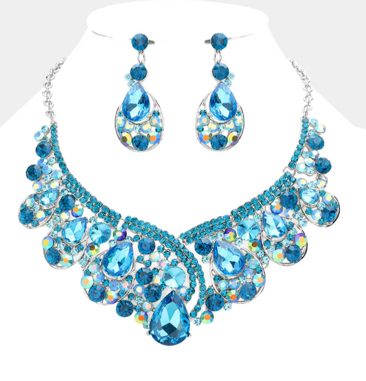 Aqua Crystal Teardrop Pageant Necklace Set-51 Percent of Profits goes to www.savethechildren.org and 8 trees planted for each order